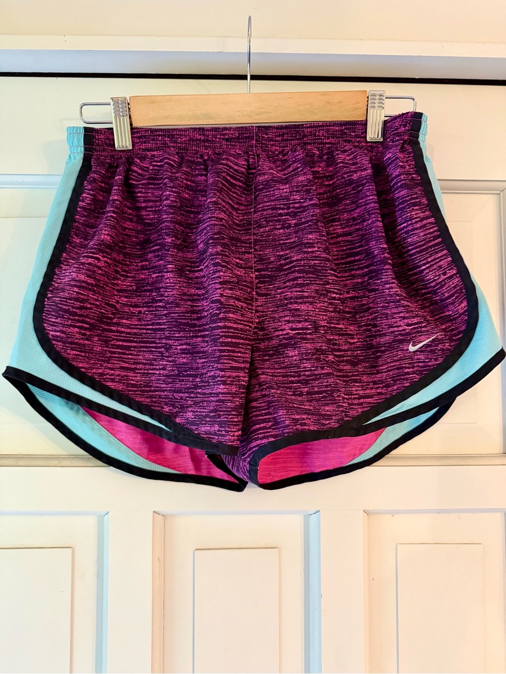Nike Women's Pink Space-Dye Athletic Shorts with Teal Side Panels